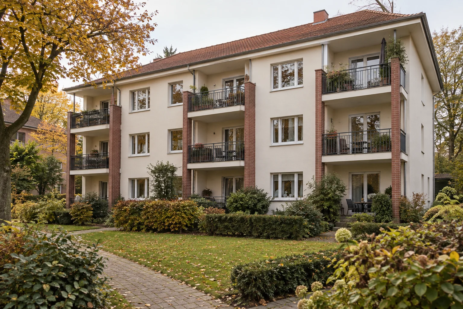 Gepflegtes Mehrfamilienhaus mit Balkonen und begrüntem gemeinschaftlichem Garten.